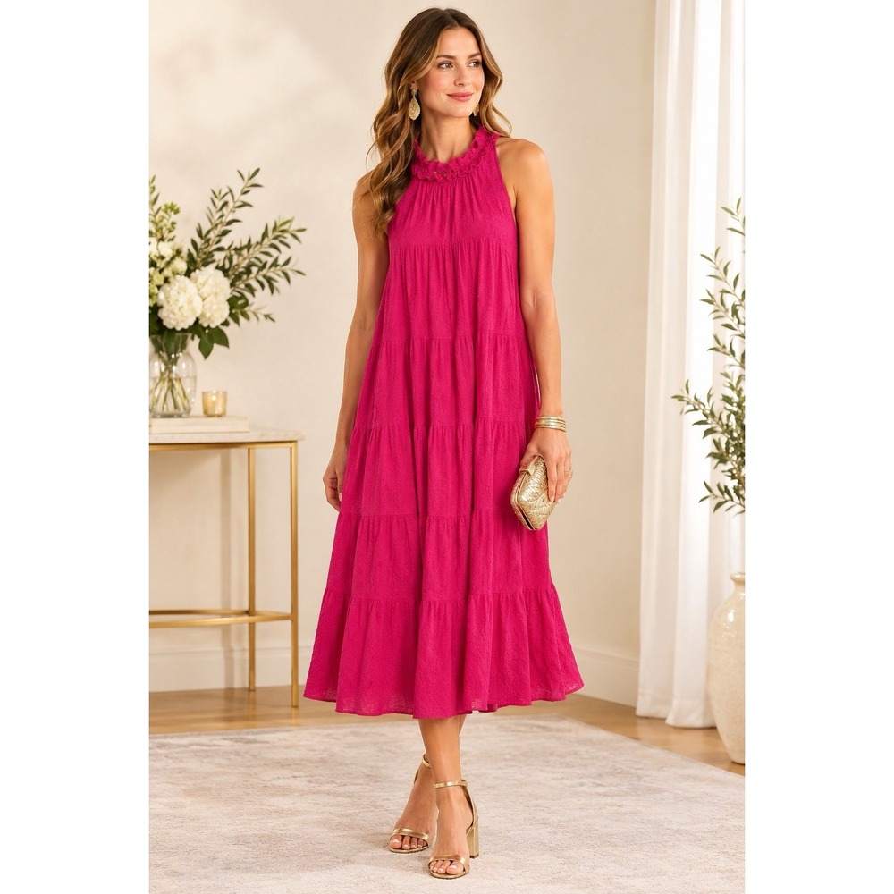 Hot Pink Tiered Maxi Dress With Halter Ruffle Neck Boho Cocktail Wedding Resort